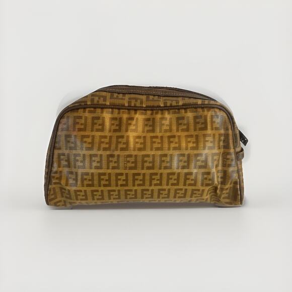 Fendi Zucchino Logo Zip Pouch Pattern PVC Clutch Brown Tan Vintage Bag authentic - Picture 2 of 12